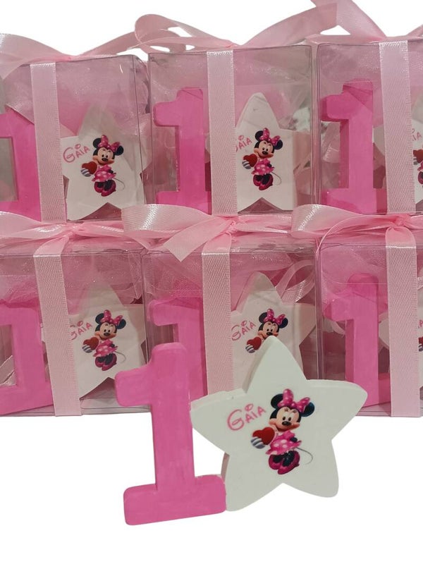 Bomboniera primo compleanno bimba Minnie Numero uno calamita scatola magnete segnaposto
