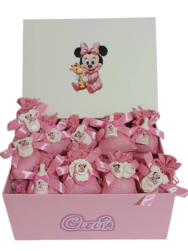 40 bomboniere sacchetto juta rosa con calamita nascita bimba tema Minnie ciuccio biberon bavetta piedini body magnete scatola portabomboniere