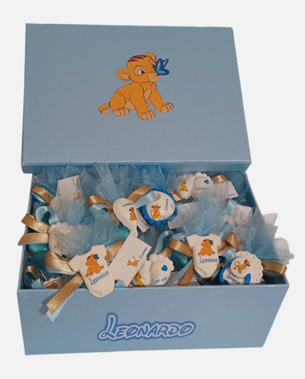 lotto 30 pezzi Bomboniera nascita bimbo Simba re leone con scatola porta bomboniere  personalizzabile
