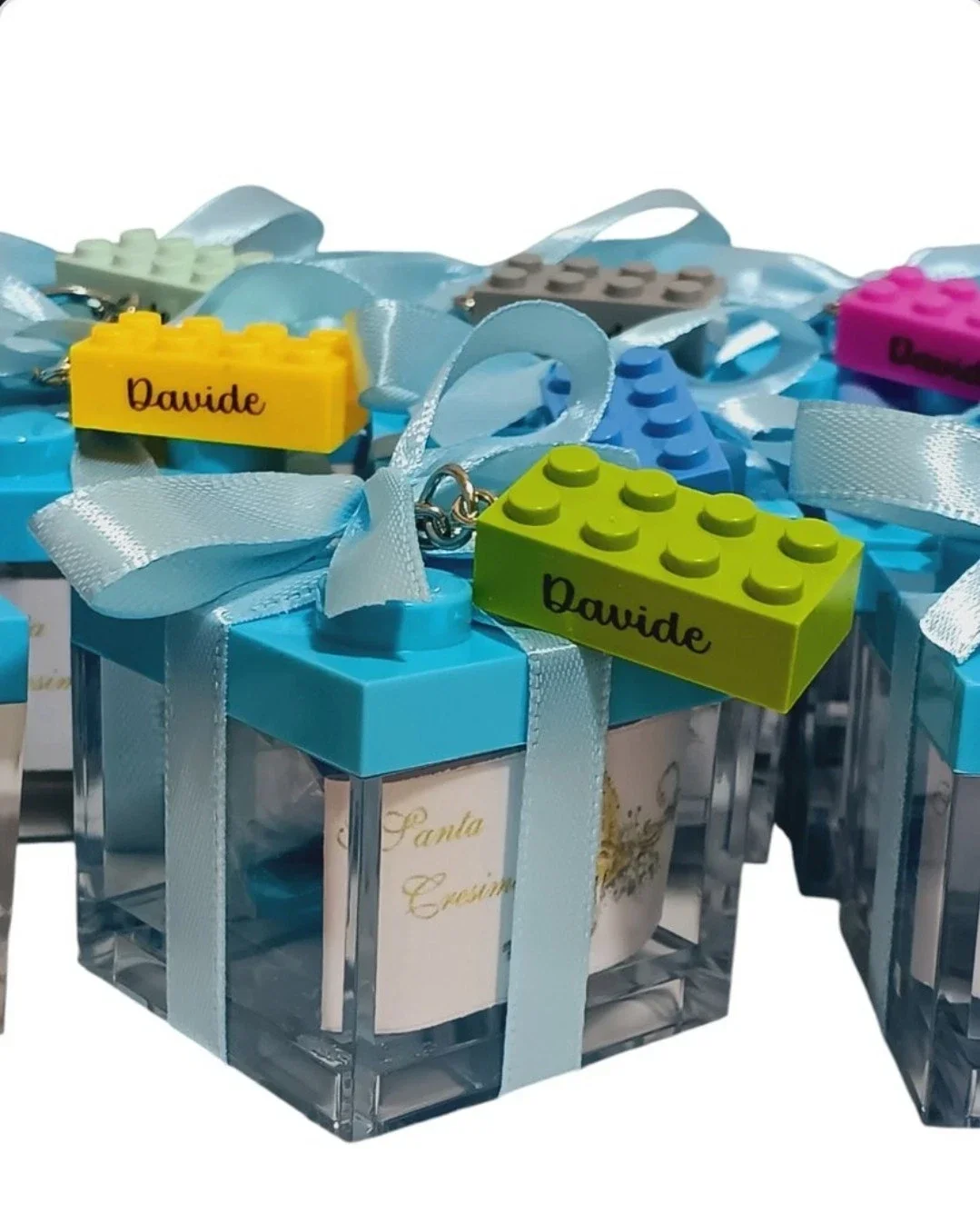 Bomboniera scatola porta confetti Lego mattoncini con portachiavi nome personalizzabile
