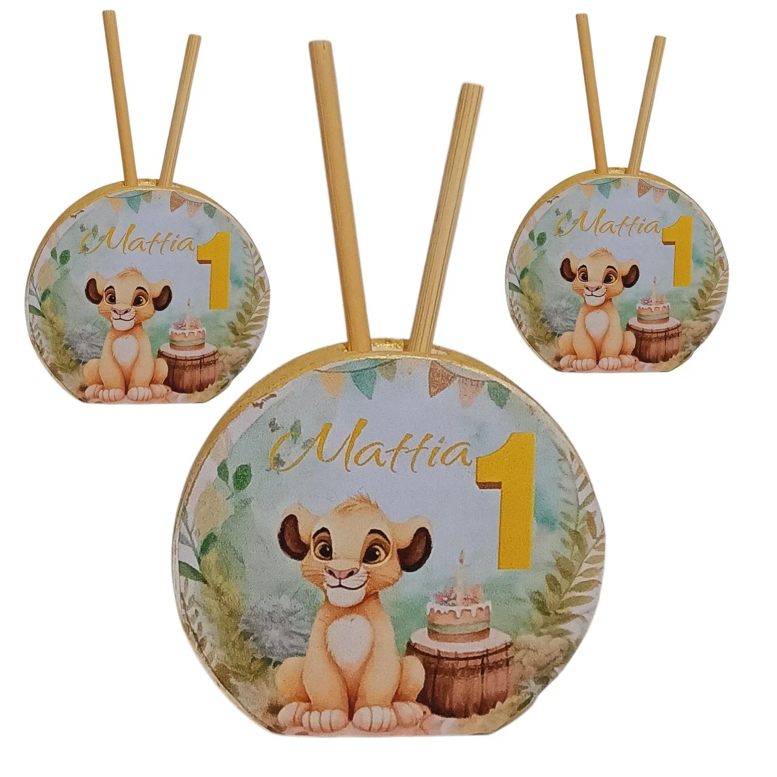 Bomboniera profumatore diffusore essenze Simba re leone primo compleanno numero uno segnaposto festa personalizzabile