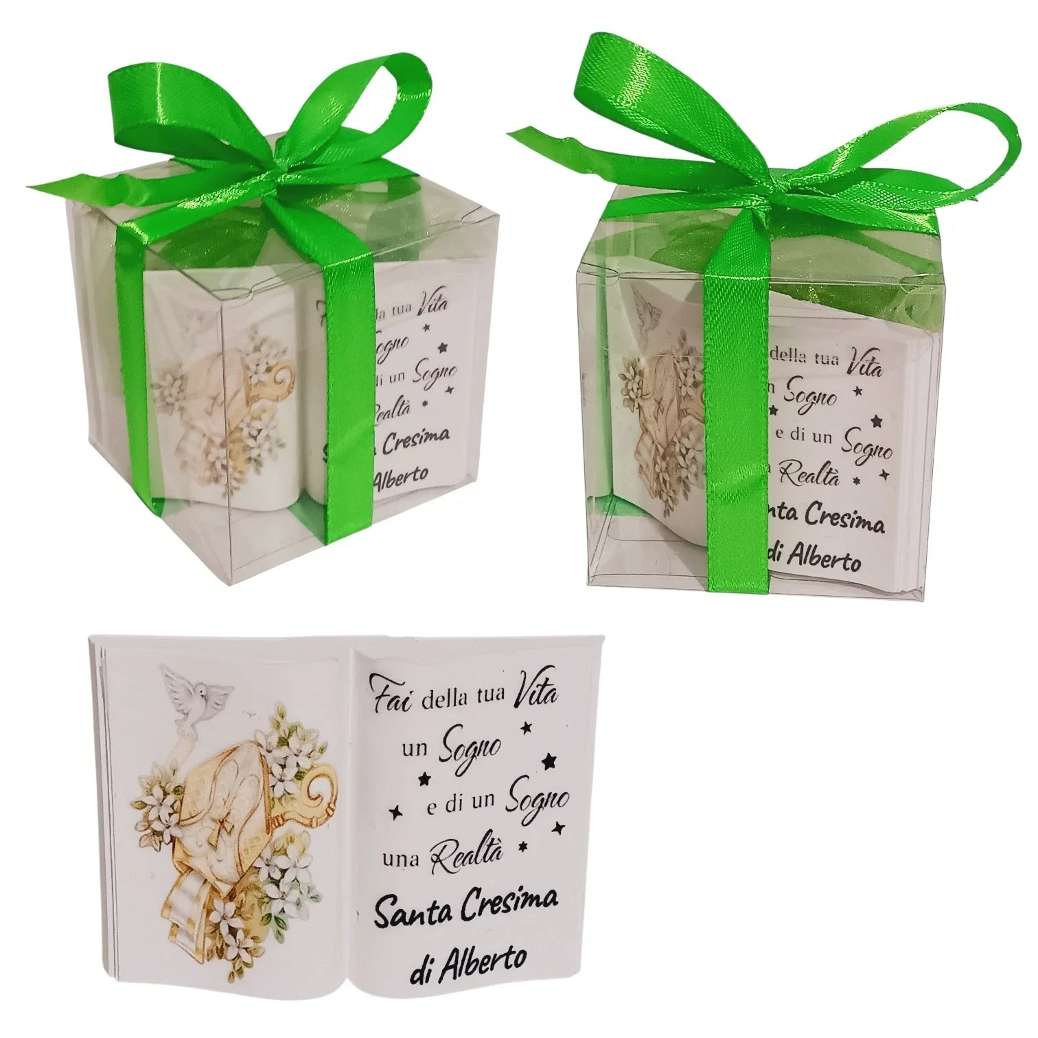 Bomboniera Cresima libro statuina icona sacra frase dedica