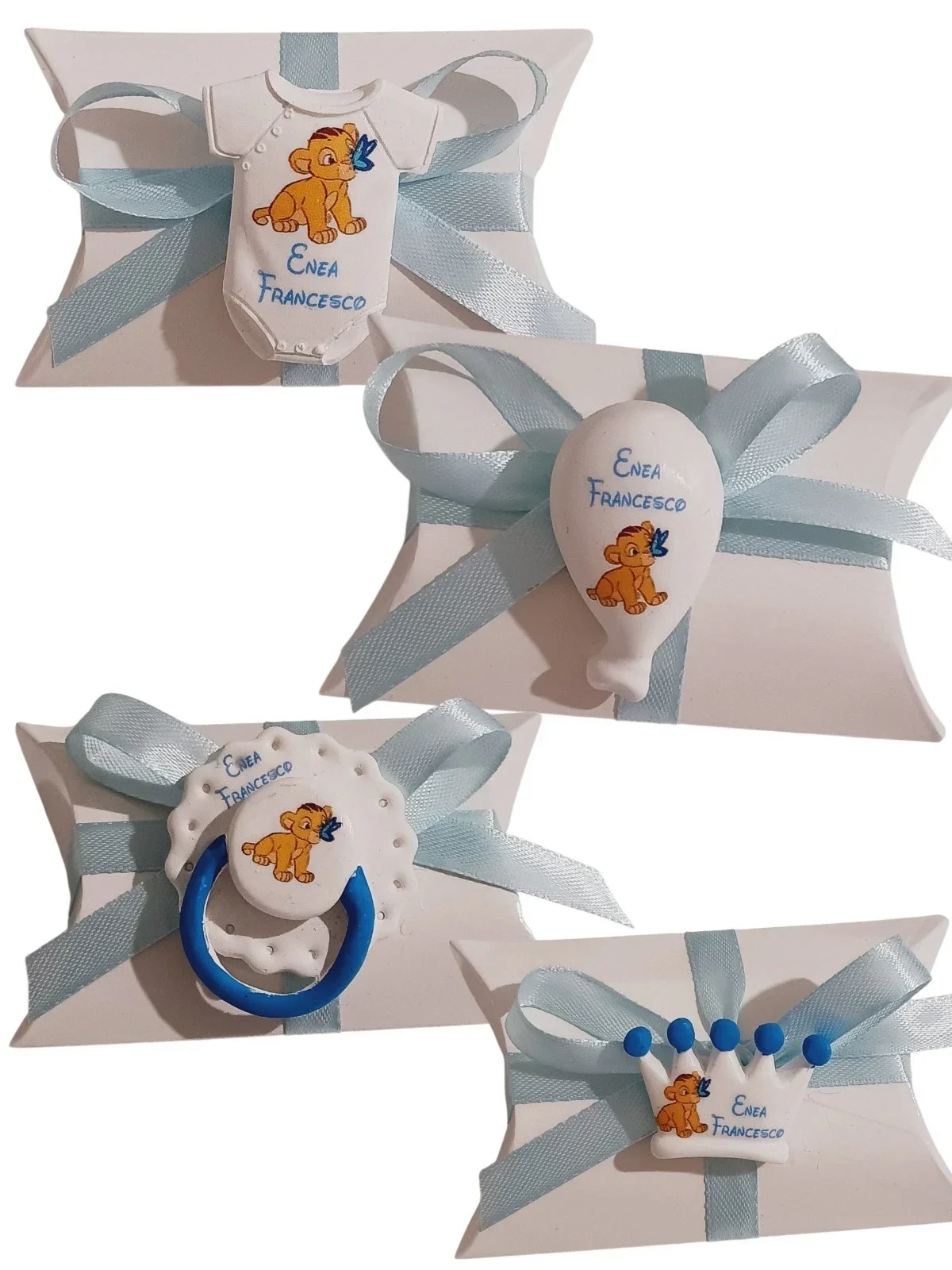 Bomboniera nascita scatola Simba baby porta confetti con calamita ciuccio corona palloncino body bimbo sacchetto confetti