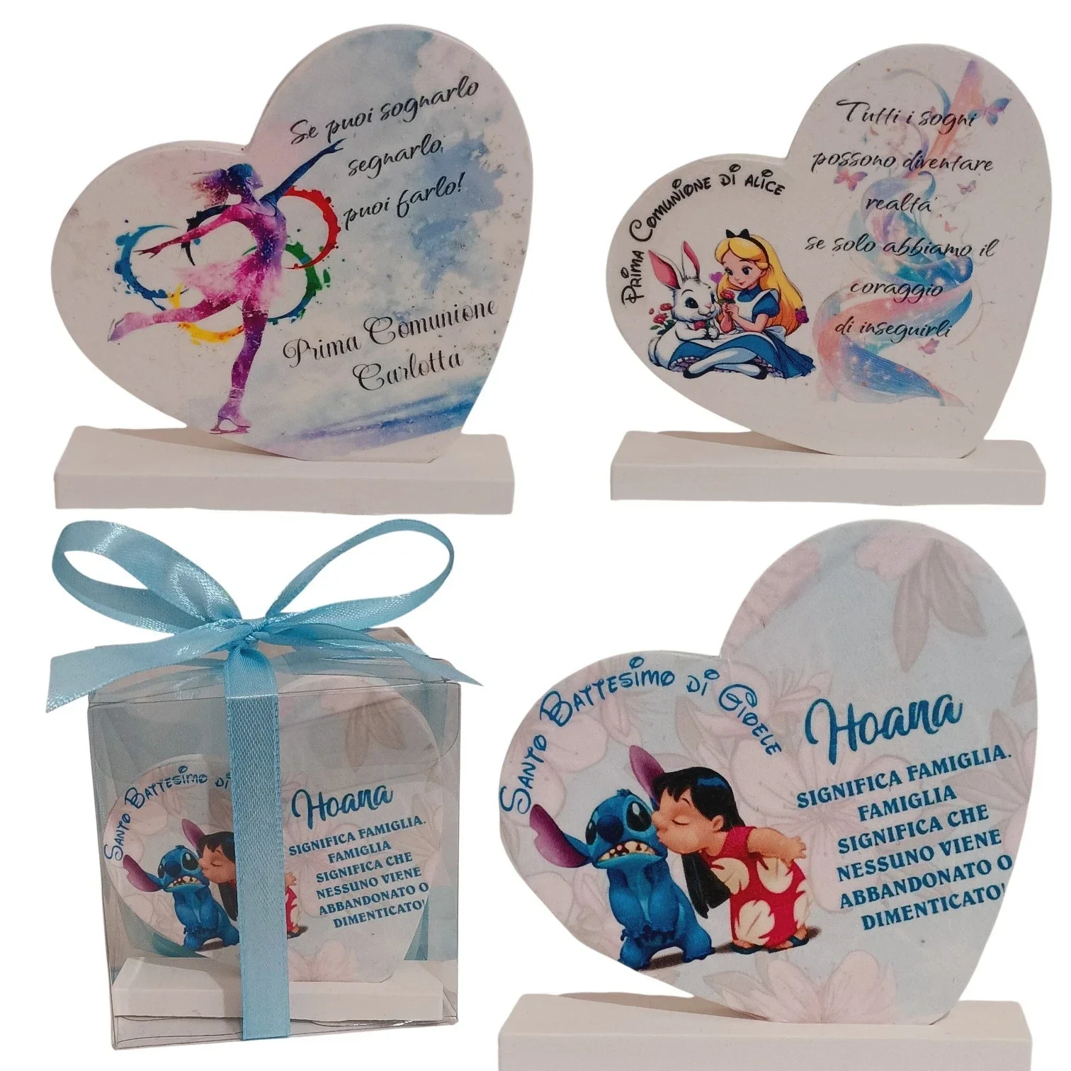 Bomboniera Cuore Portafoto Comunione Cresima Battesimo Stitch frase ohana Alice Pattinatrice Ballerina Calcio personalizzabile