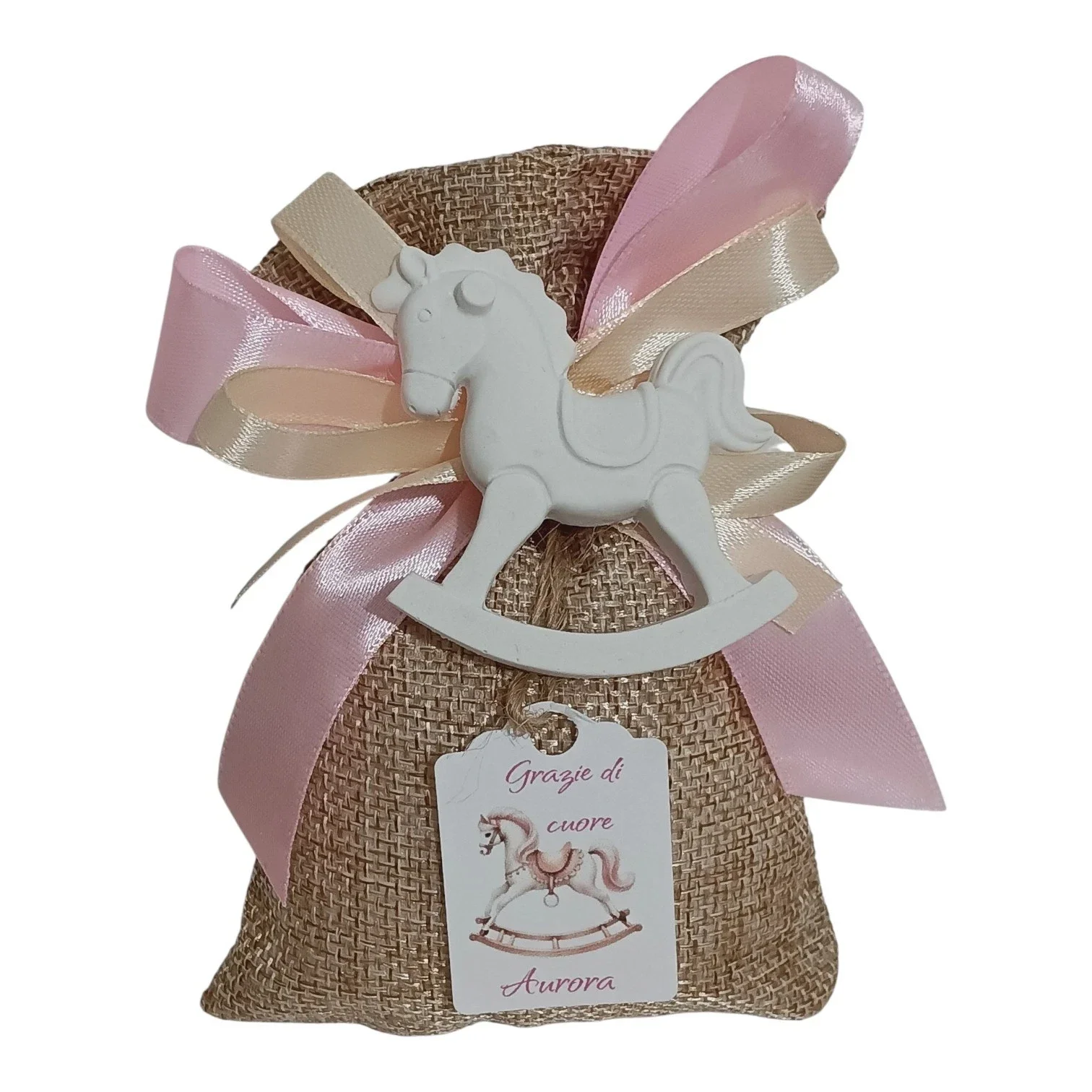 Bomboniera nascita bimba cavallo a dondolo giostra carosello gessetto sacchetto segnaposto battesimo