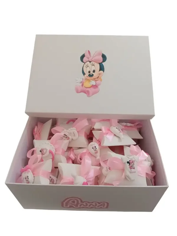 Lotto 35 pezzi bomboniera nascita bimba tema Minnie palloncino ciuccio body biberon bavetta con scatola porta bomboniere
