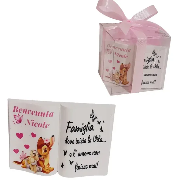 Bomboniera libro statuina battesimo nascita bimba libro favole tamburino bambi bimba