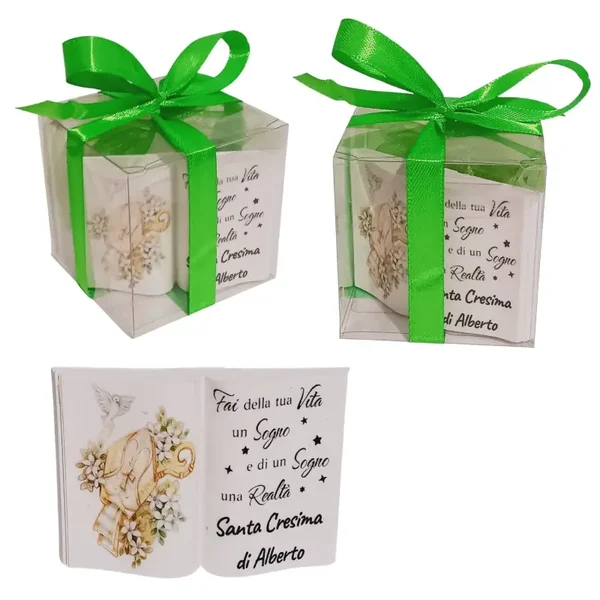 Bomboniera Cresima libro statuina icona sacra frase dedica