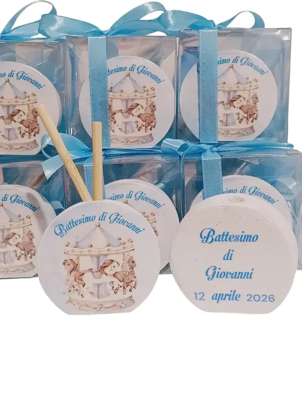 Bomboniera battesimo profumatore Carosello bimbo diffusore essenze scatola bacchette fragranza confetti