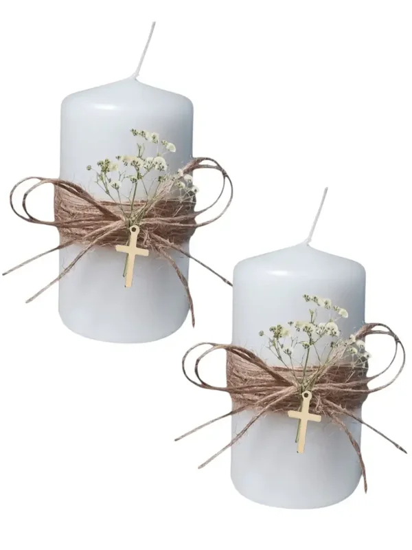 Bomboniera candela 9cm shabby comunione cresima battesimo angelo croce tao tau segnaposto