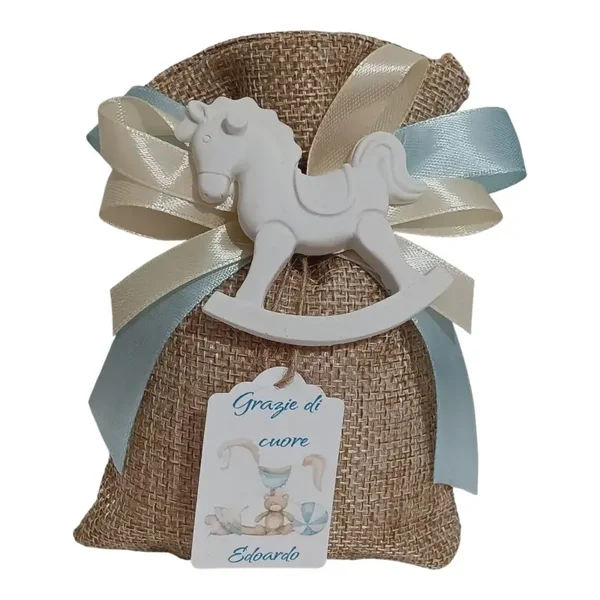 Bomboniera nascita bimbo cavallo a dondolo giostra carosello gessetto sacchetto segnaposto battesimo