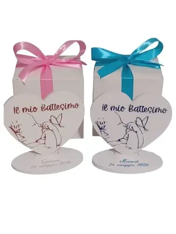 Bomboniera battesimo cuore bimbo bimba neonato ali angelo farfalla base personalizzabile scatola