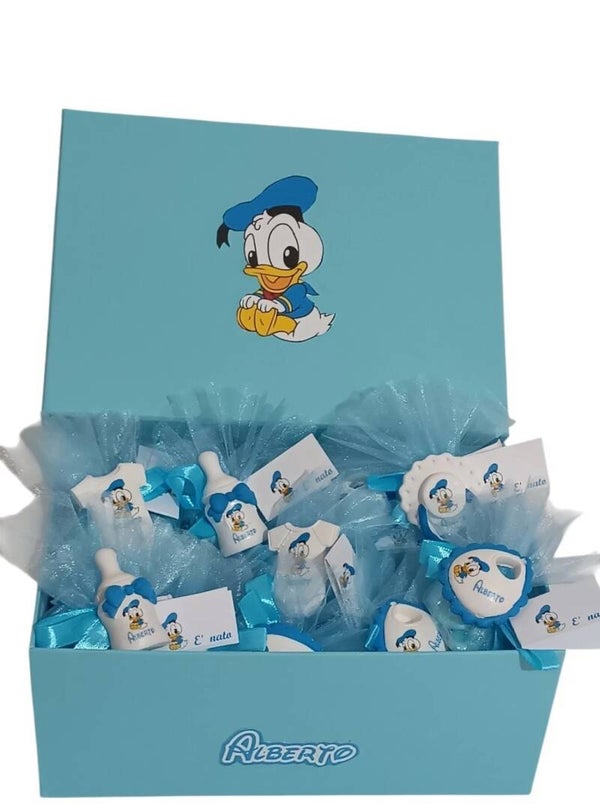Lotto 30 bomboniere nascita bimbo Paperino baby calamita ciuccio biberon piedini magnete bavetta