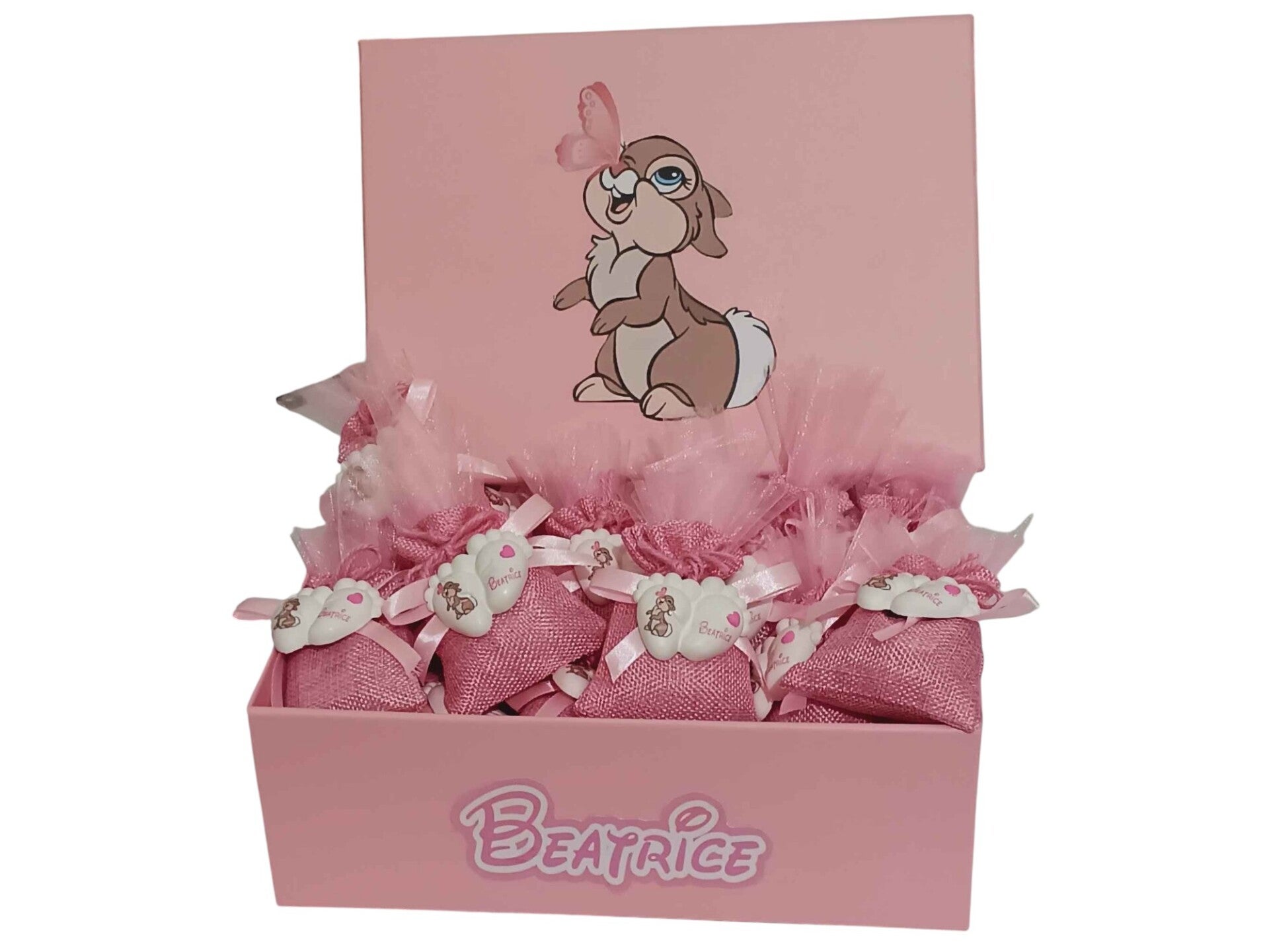 25 PEZZI BOMBONIERA SACCHETTO BAMBI TAMBURINO MISS BUNNY BIMBA NASCITA CALAMITA PIEDINI MAGNETE  SCATOLA VASSOIO PORTA BOMBONIERE