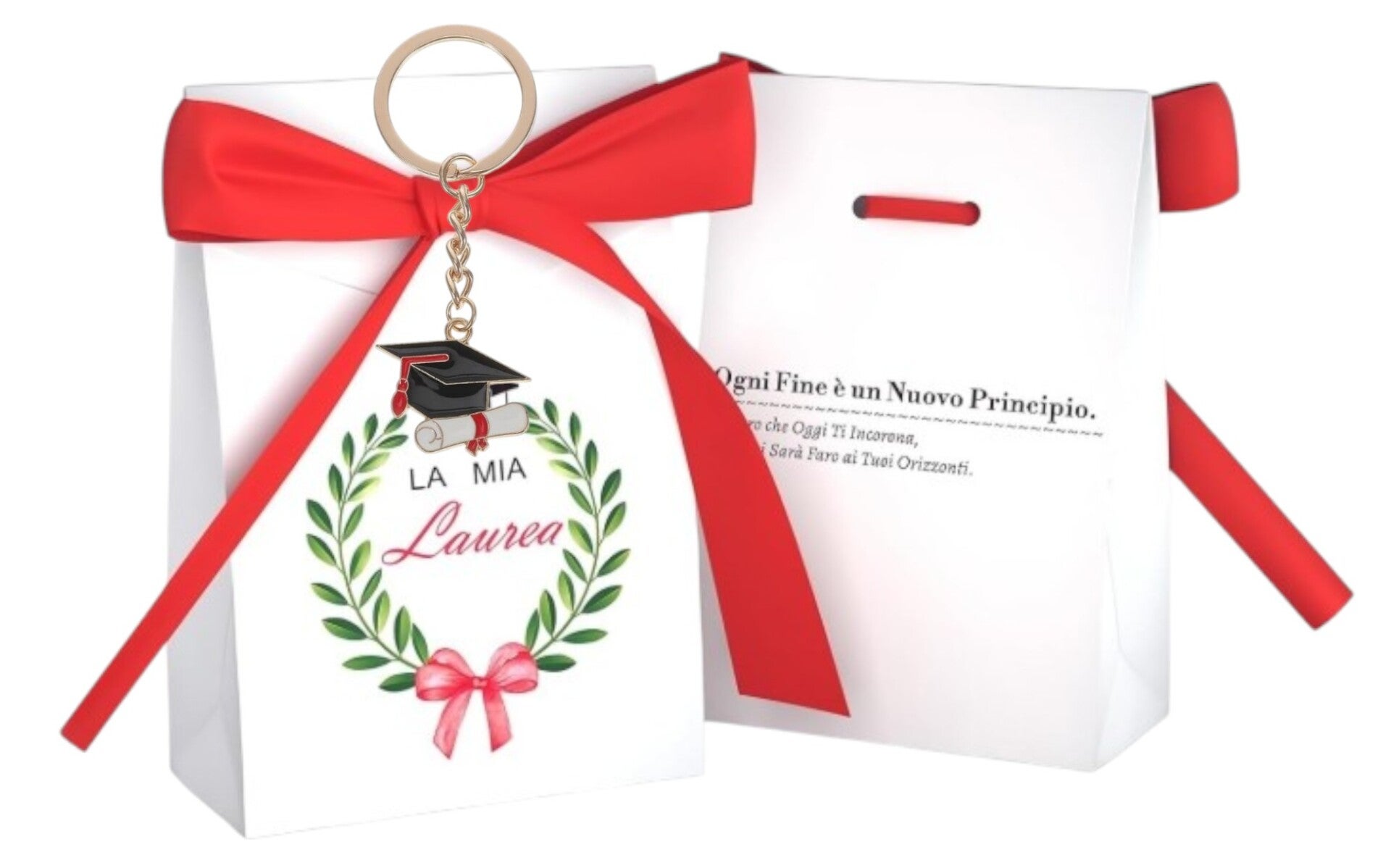 Bomboniera laurea scatola segnaposto tag portachiavi cappello tocco corona alloro frase dedica