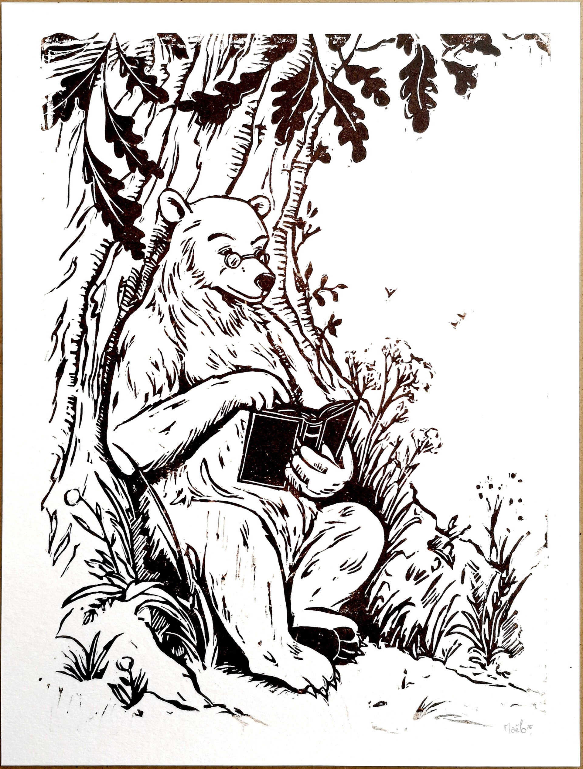Ours qui lit - Linogravure