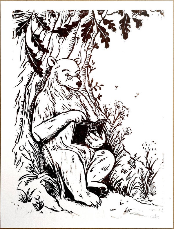 Ours qui lit - Linogravure