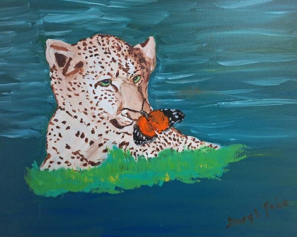 Leopard With Butterfly Acrylic Painting