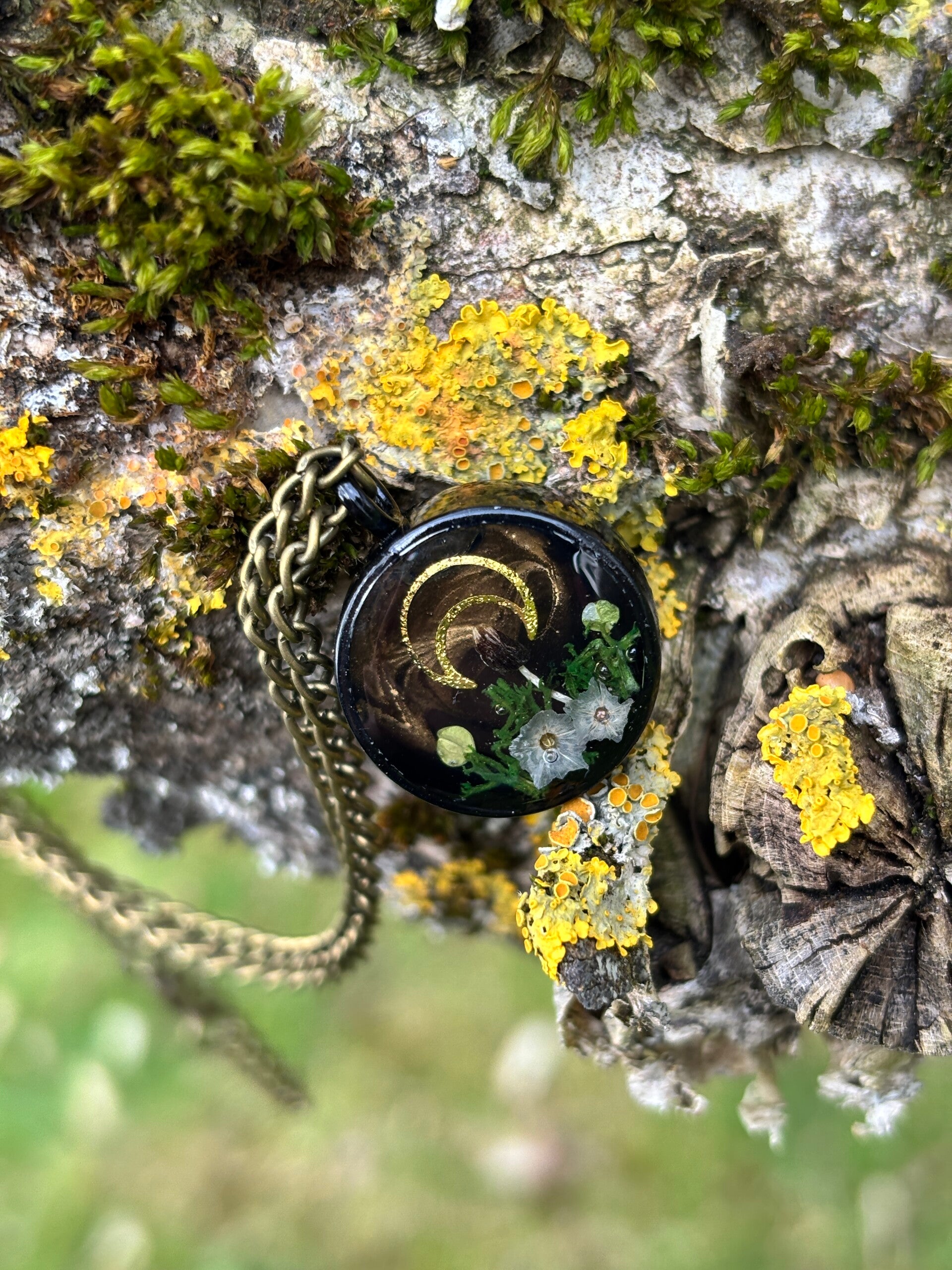 Mystischer Waldschmuck: Kleiner handgemachter Kettenanhänger (18 mm) mit echtem Pilz & goldener Mondsichel - Naturschmuck Unikat