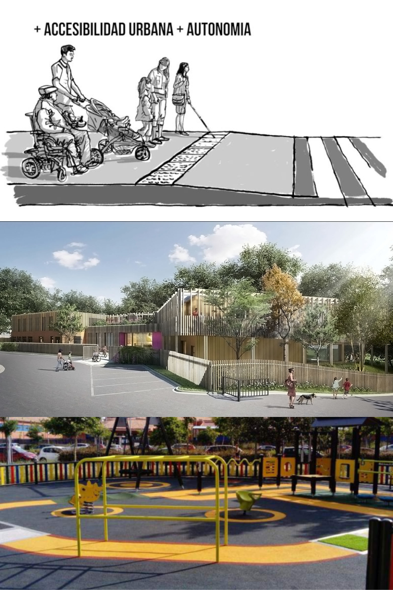 Ilustracion de personas con movilidad reducida o diferente edad circulando por la calle con arquitectura inclusiva