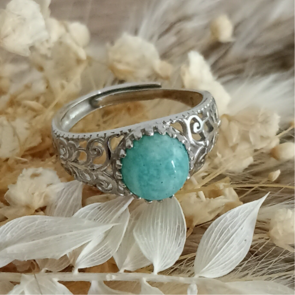 Bague réglable " Anneau d'Avalon" - Cabochon rond Amazonite