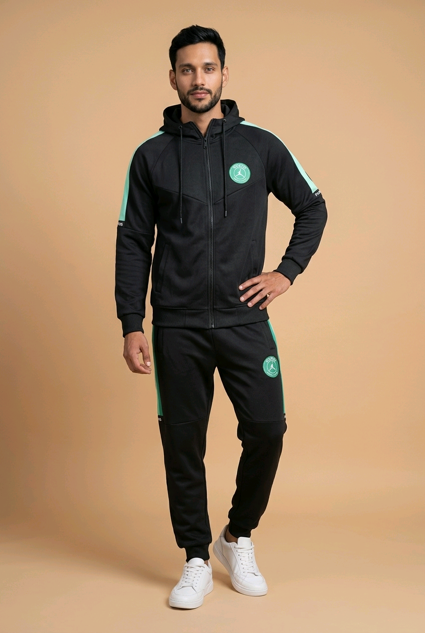 Heren Trainingspak “Paris” – Zwart met Groene Details maat M