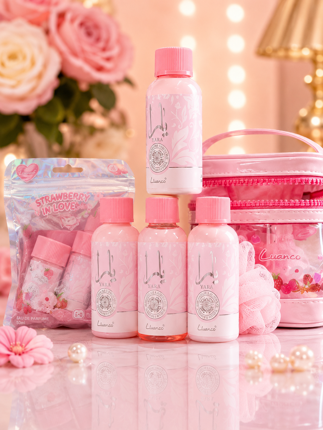 Reis setje zit in .spons. shampoo.showergel.parfum bodymist condioner