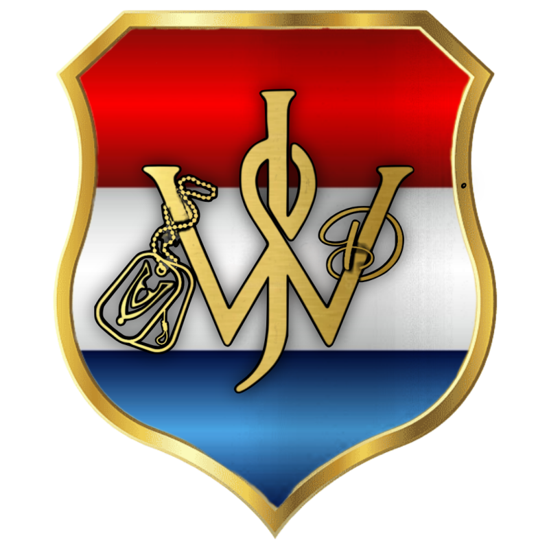 Gouden schild logo van JW Broken Veteran met rood-wit-blauwe achtergrond van de Nederlandse vlag, verweven letters en een identiteitsplaatje.