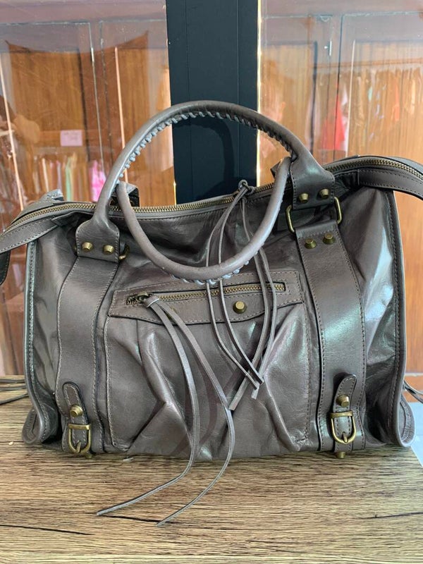 Handtas leder donkergrijs/taupe