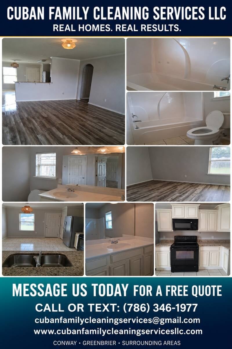 Professional deep cleaning results in a living room, kitchen and bathroom by Cuban Family Cleaning Services LLC in Greenbrier and Conway, Arkansas