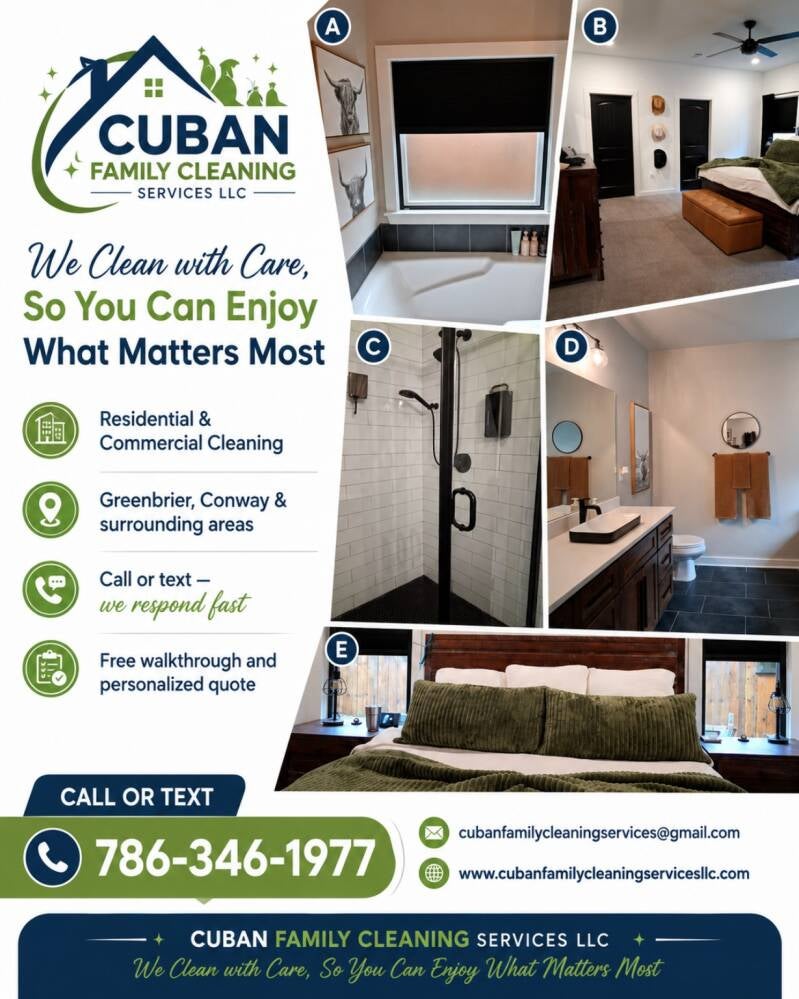 Residential cleaning results in bathrooms and bedrooms by Cuban Family Cleaning Services LLC in Greenbrier and Conway, Arkansas