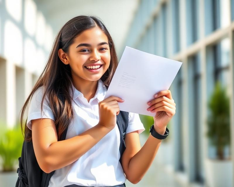 A happy girl proudly showing her acceptance letter after passing her independent school 13+ common entrance exam.