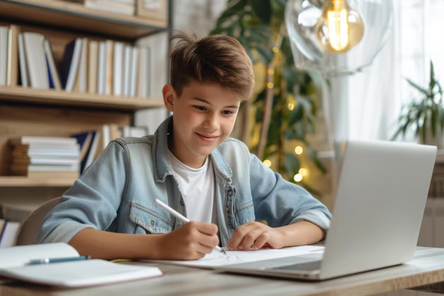 Student working confidently at a computer while improving performance in UKiset, ISEB Pre‑Test, CAT4, 11+ and 13+ exams with calm, structured guidance from Mr Andrew Steward.