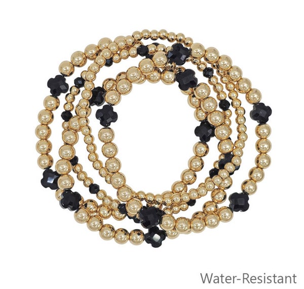 Set of 5 Gold & Black Clover Stretch Bracelets