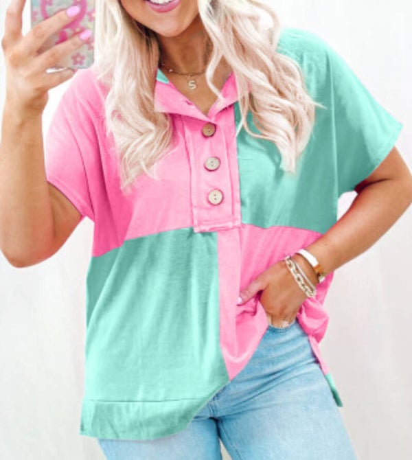 Two-Toned Half Button Shirt