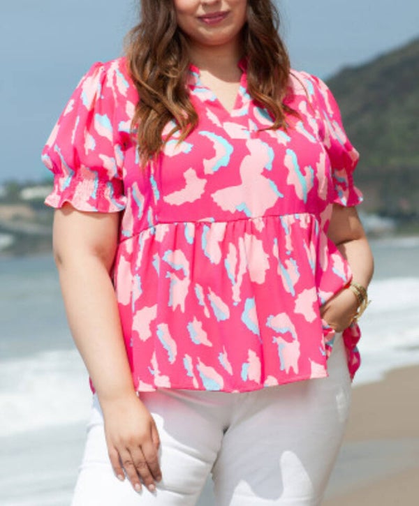 Abstract Print Puff Sleeve Blouse