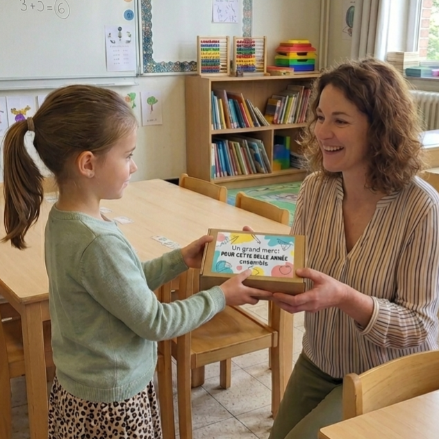 Élève offrant une box cadeau artisanale à son institutrice pour la fin d’année scolaire