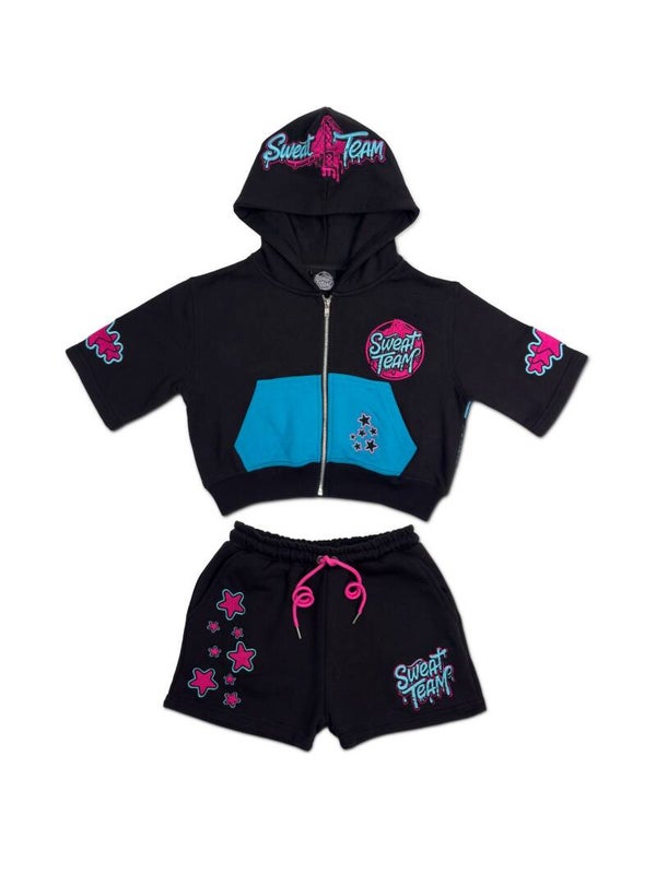 WOMEN'S SWEAT TEAM SHORT SET - BLACK/TEAL-PINK (PRE-ORDER)