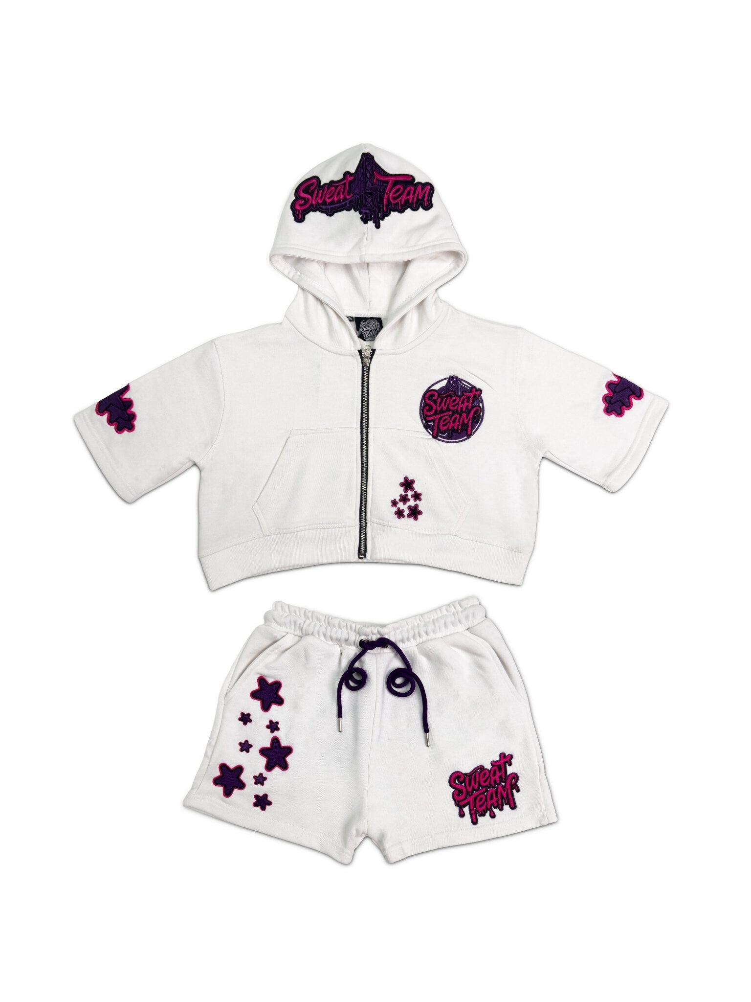 WOMEN'S SWEAT TEAM SHORT SET - WHITE/PURPLE (PRE-ORDER)