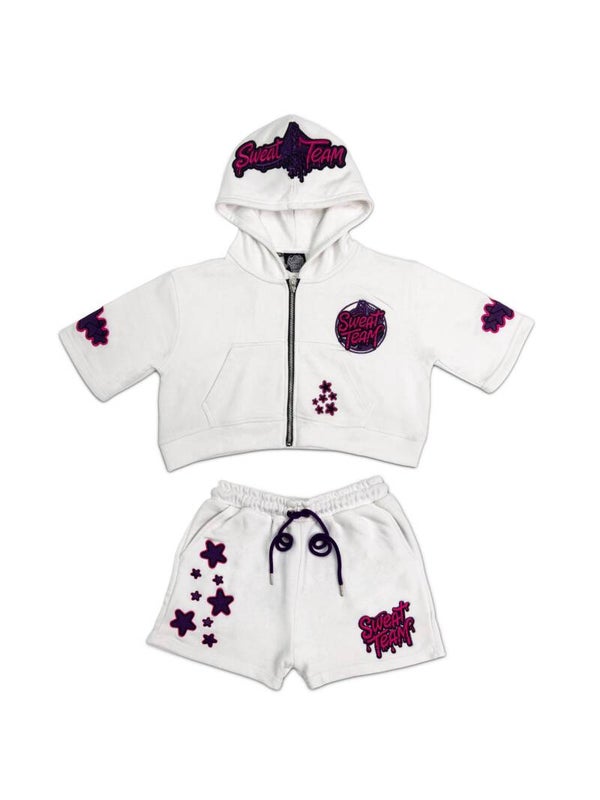 WOMEN'S SWEAT TEAM SHORT SET - WHITE/PURPLE (PRE-ORDER)