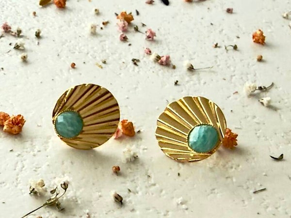 Gouden ovalen ronde 24K met ronde natuursteen, kleur turquoise