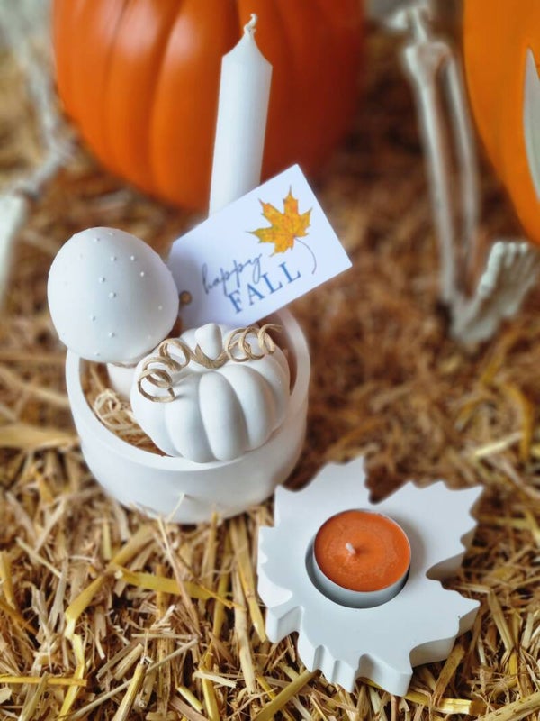 Herbst Dekoration, Kürbis, Pilz Schale mit Kerze.