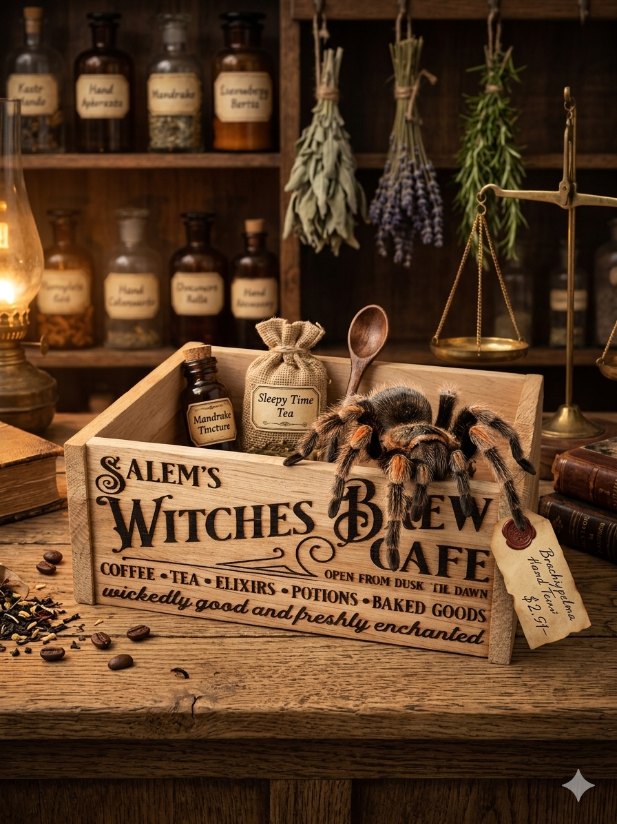 Mystische Aufbewahrungskiste "Salem's Witches Brew Cafe" – Handgefertigtes Unikat aus Birkenholz 🌙