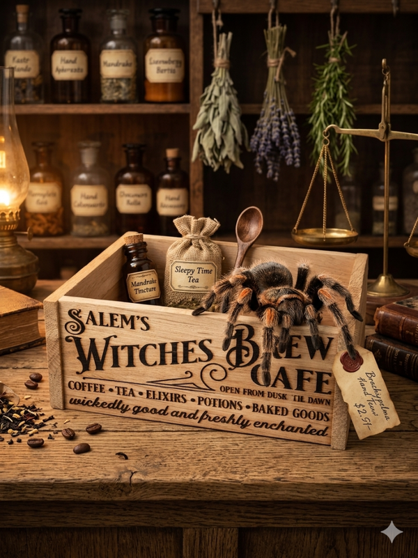 Mystische Aufbewahrungskiste "Salem's Witches Brew Cafe" – Handgefertigtes Unikat aus Birkenholz 🌙