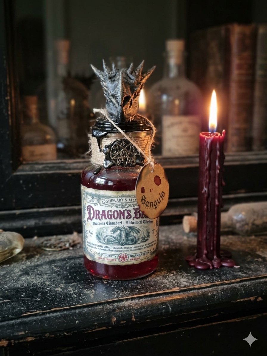 Drachenblut Alchemie-Flasche – Handgefertigte Fantasy Deko mit LED-Licht & Drachenschädel – 250ml Unikat.