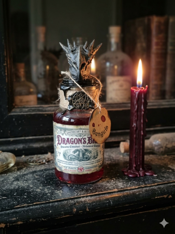 Drachenblut Alchemie-Flasche – Handgefertigte Fantasy Deko mit LED-Licht & Drachenschädel – 250ml Unikat.