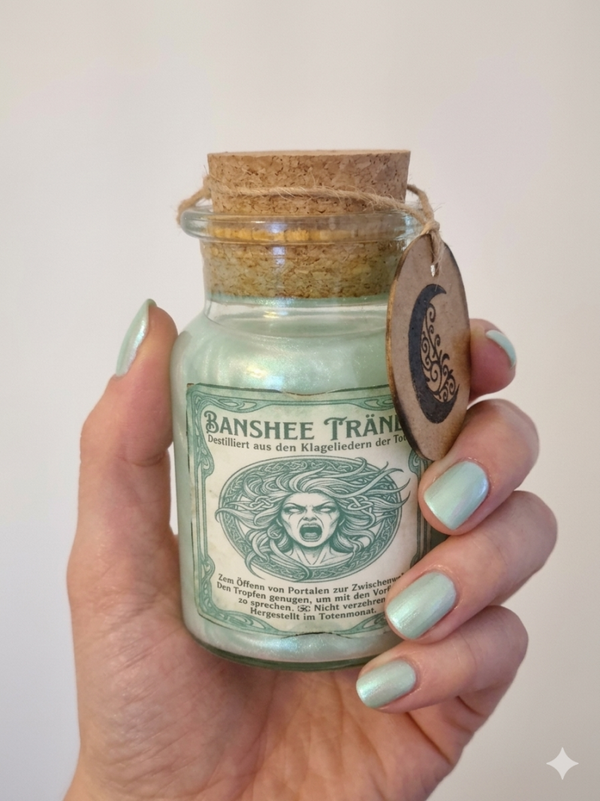 Banshee Tränen Elixier – Mystisches Apothekerglas mit Perlmutt-Effekt & Vintage-Etikett, 150ml Magische Deko