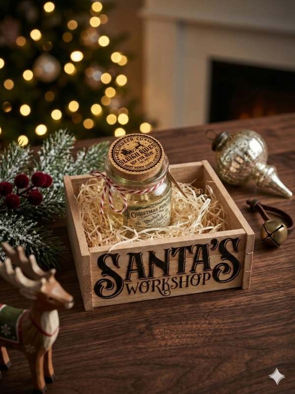 Geschenk Set, Rustikale Holz Kiste und personalisiertes Fläschchen.