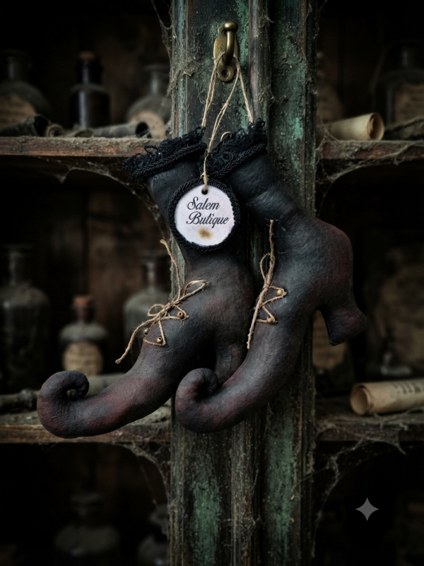 Magische Hexenschuhe „Salem Boutique“ – Handgefertigte Vintage-Deko für Halloween