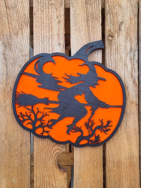 Herbst Dekoration 3D Holzschild Kürbis mit Hexe